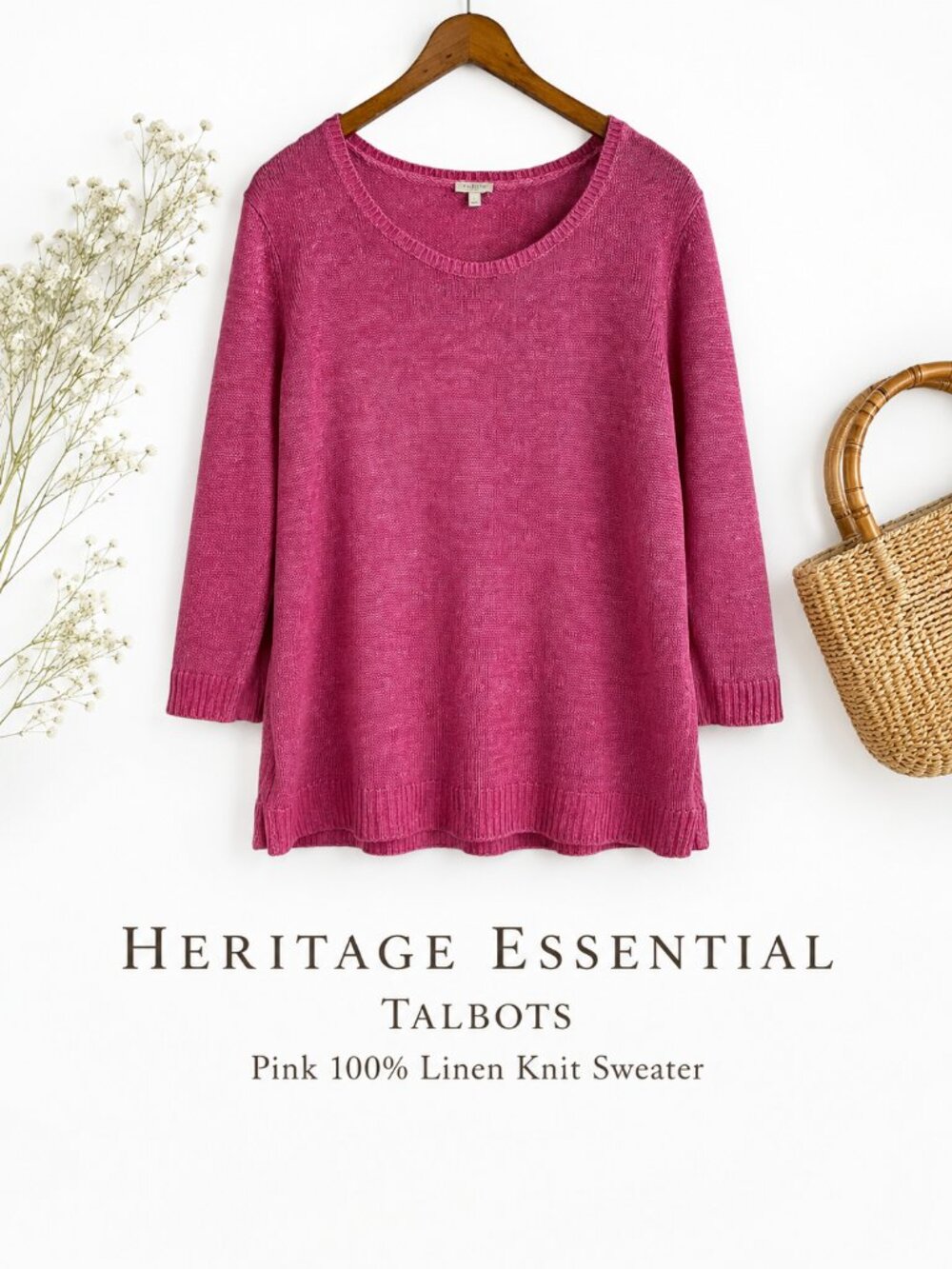 Talbots Pink 100% Linen Lightweight Knit Sweater 3/4 Sleeve Large